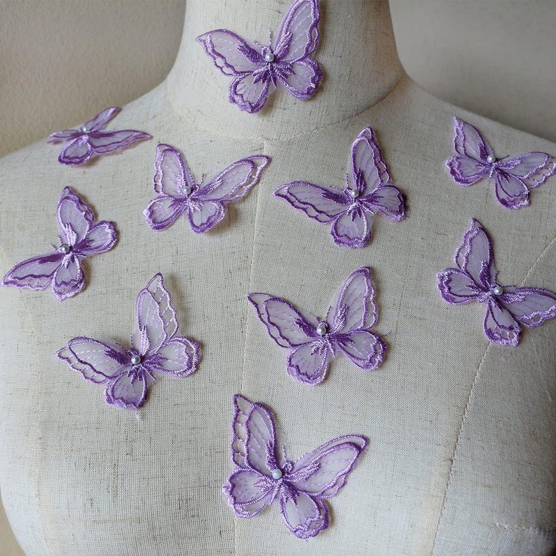PandD 10PCS Double Layers Butterfly Patches Butterfly Lace Applique Organza Embroidery Sewing for Craft Projects (Lilac) - Image 2